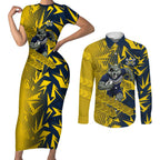 North Queensland Cowboys Rugby Couples Matching Short Sleeve Bodycon Dress and Long Sleeve Button Shirt Fierce Mascot Geometric Tribal Art
