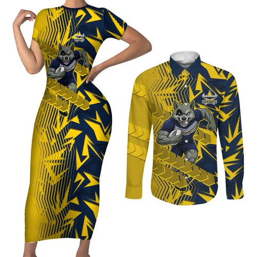 North Queensland Cowboys Rugby Couples Matching Short Sleeve Bodycon Dress and Long Sleeve Button Shirt Fierce Mascot Geometric Tribal Art