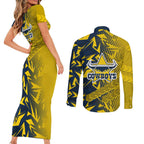 North Queensland Cowboys Rugby Couples Matching Short Sleeve Bodycon Dress and Long Sleeve Button Shirt Fierce Mascot Geometric Tribal Art