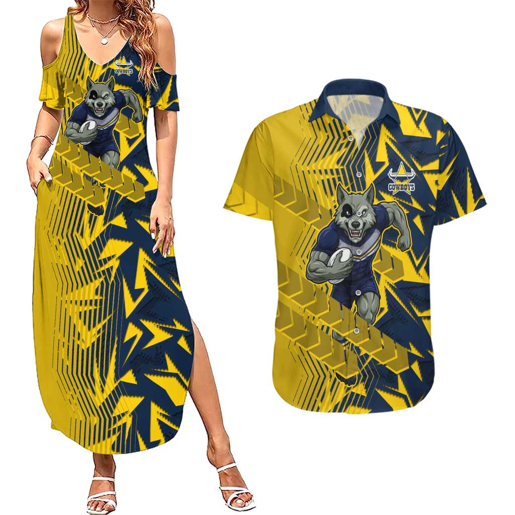 North Queensland Cowboys Rugby Couples Matching Summer Maxi Dress and Hawaiian Shirt Fierce Mascot Geometric Tribal Art