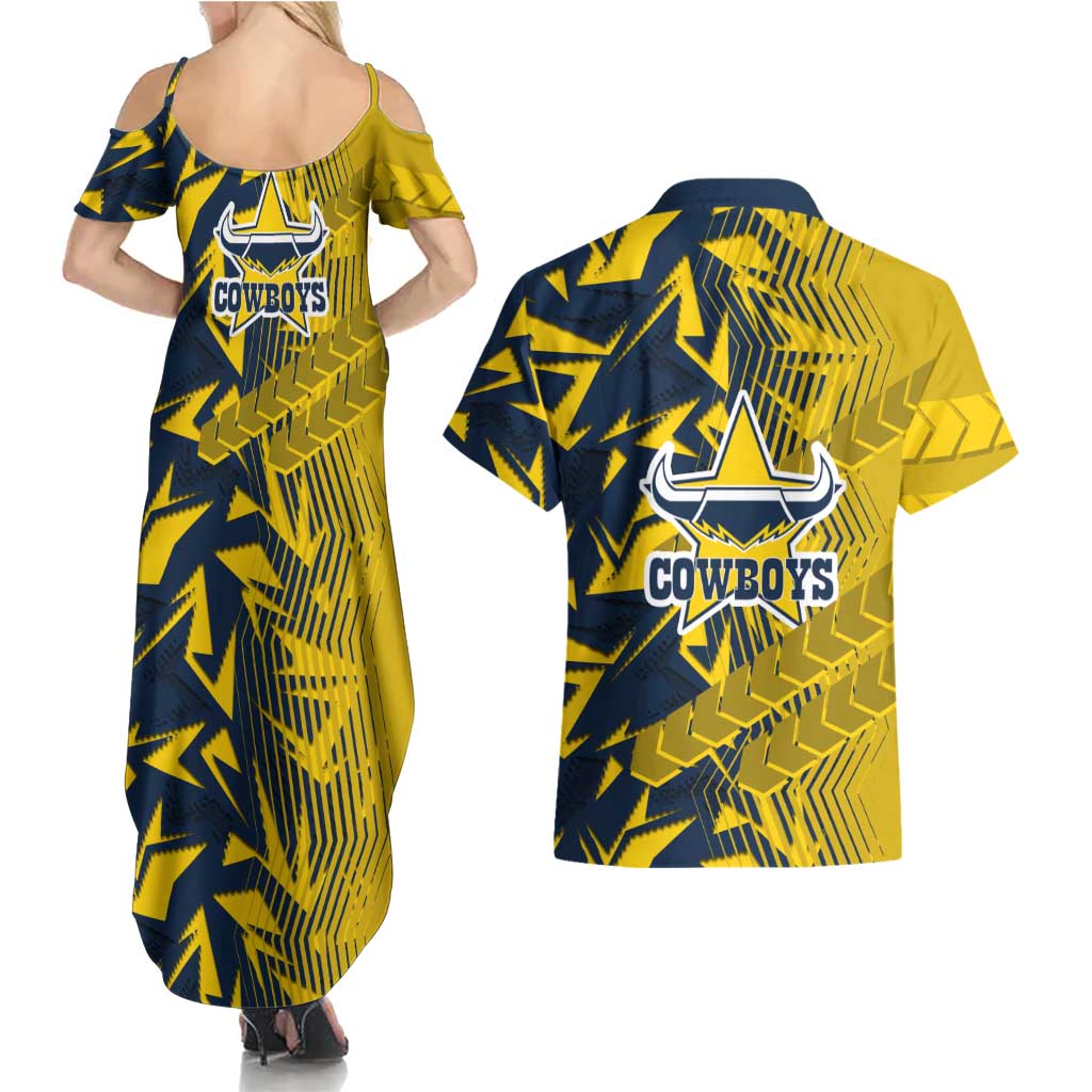 North Queensland Cowboys Rugby Couples Matching Summer Maxi Dress and Hawaiian Shirt Fierce Mascot Geometric Tribal Art