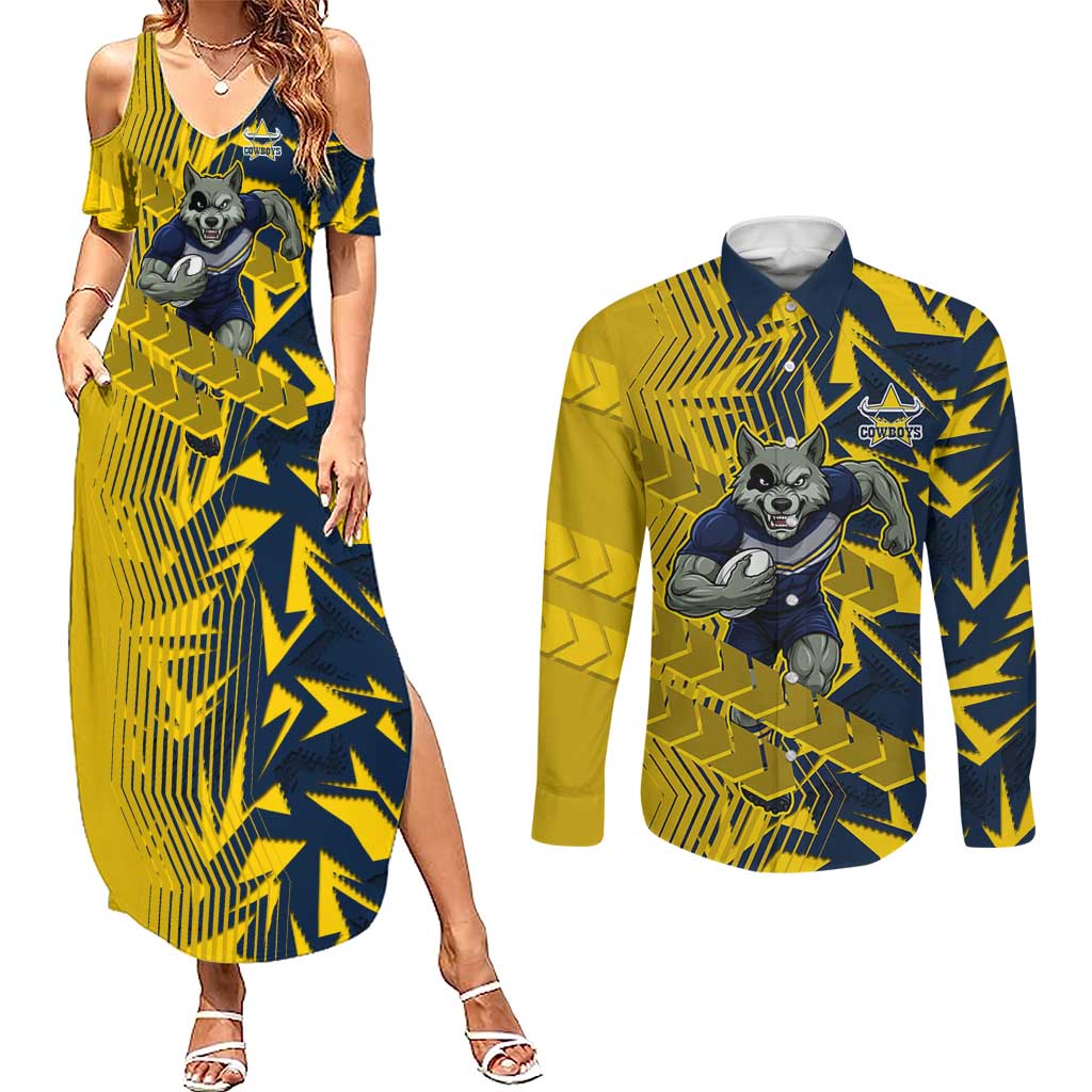 North Queensland Cowboys Rugby Couples Matching Summer Maxi Dress and Long Sleeve Button Shirt Fierce Mascot Geometric Tribal Art