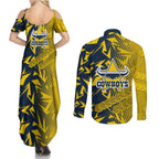 North Queensland Cowboys Rugby Couples Matching Summer Maxi Dress and Long Sleeve Button Shirt Fierce Mascot Geometric Tribal Art