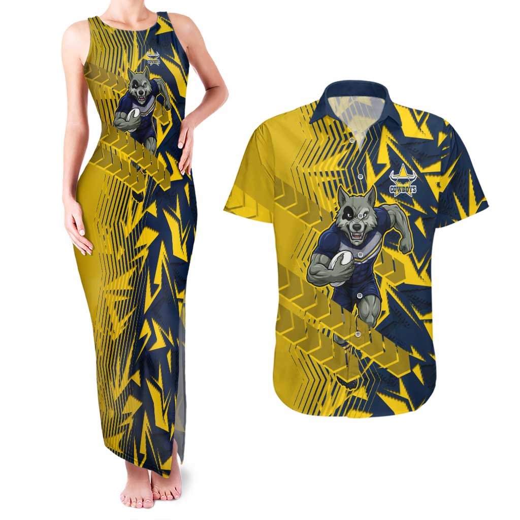 North Queensland Cowboys Rugby Couples Matching Tank Maxi Dress and Hawaiian Shirt Fierce Mascot Geometric Tribal Art