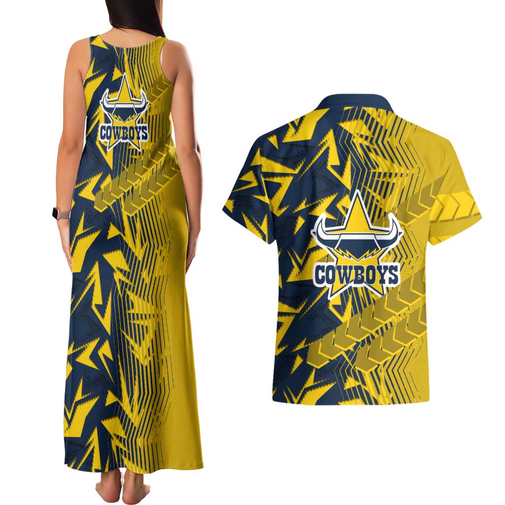 North Queensland Cowboys Rugby Couples Matching Tank Maxi Dress and Hawaiian Shirt Fierce Mascot Geometric Tribal Art