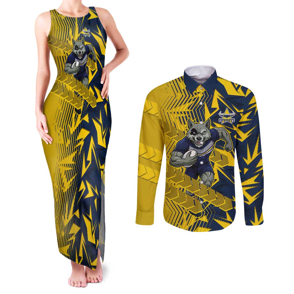 North Queensland Cowboys Rugby Couples Matching Tank Maxi Dress and Long Sleeve Button Shirt Fierce Mascot Geometric Tribal Art