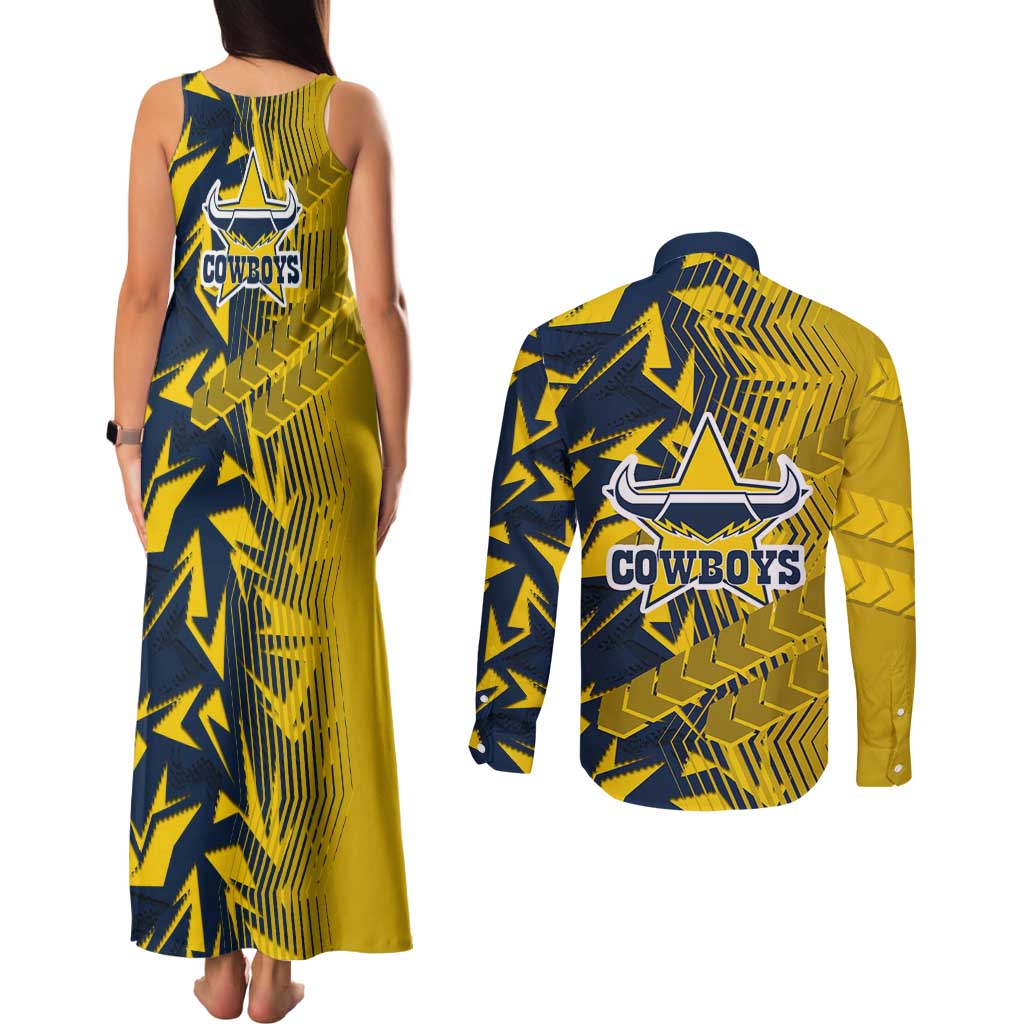 North Queensland Cowboys Rugby Couples Matching Tank Maxi Dress and Long Sleeve Button Shirt Fierce Mascot Geometric Tribal Art