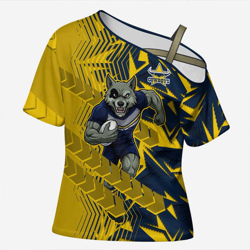 North Queensland Cowboys Rugby Cross Shoulder Shirt Fierce Mascot Geometric Tribal Art