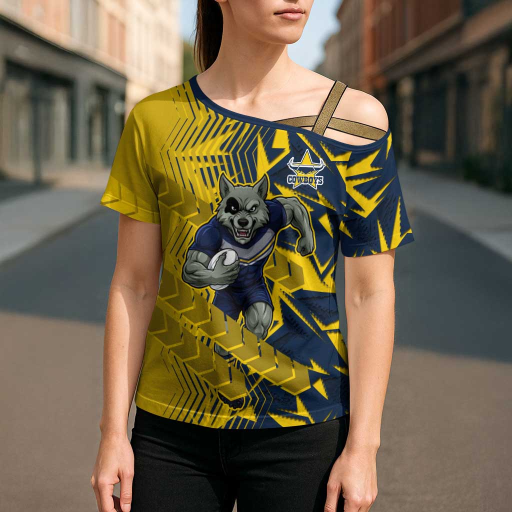 North Queensland Cowboys Rugby Cross Shoulder Shirt Fierce Mascot Geometric Tribal Art