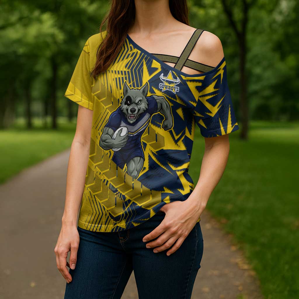 North Queensland Cowboys Rugby Cross Shoulder Shirt Fierce Mascot Geometric Tribal Art