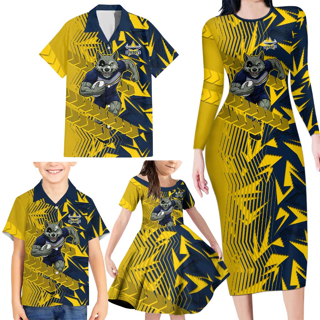 North Queensland Cowboys Rugby Family Matching Long Sleeve Bodycon Dress and Hawaiian Shirt Fierce Mascot Geometric Tribal Art