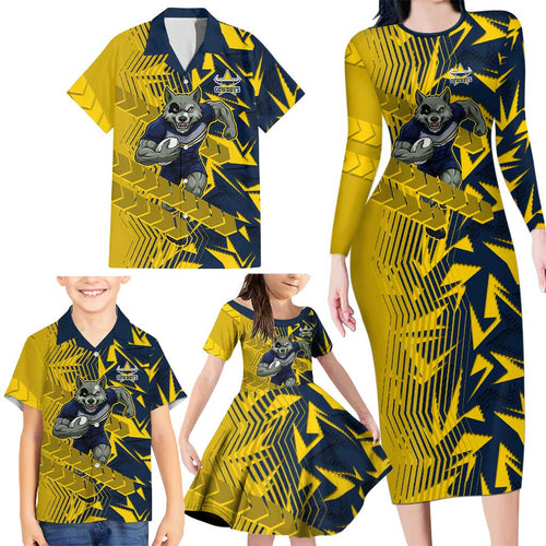 North Queensland Cowboys Rugby Family Matching Long Sleeve Bodycon Dress and Hawaiian Shirt Fierce Mascot Geometric Tribal Art
