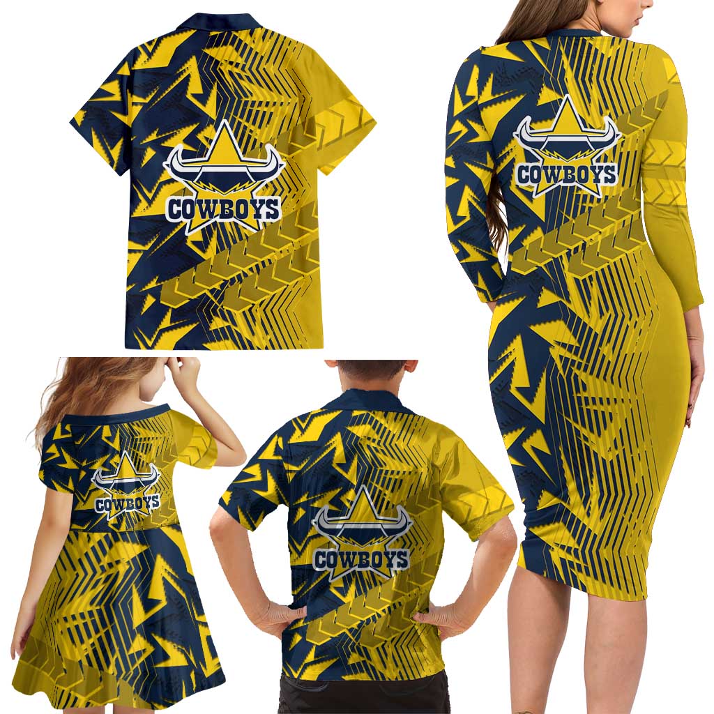 North Queensland Cowboys Rugby Family Matching Long Sleeve Bodycon Dress and Hawaiian Shirt Fierce Mascot Geometric Tribal Art