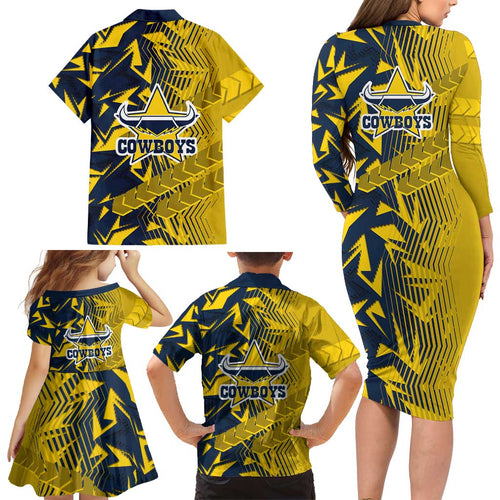 North Queensland Cowboys Rugby Family Matching Long Sleeve Bodycon Dress and Hawaiian Shirt Fierce Mascot Geometric Tribal Art