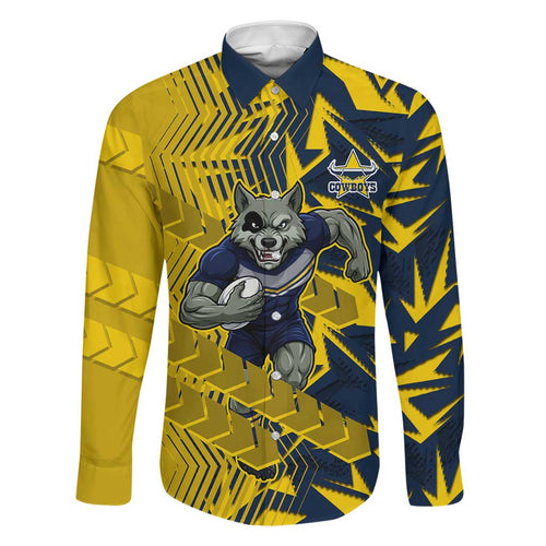 North Queensland Cowboys Rugby Family Matching Long Sleeve Bodycon Dress and Hawaiian Shirt Fierce Mascot Geometric Tribal Art