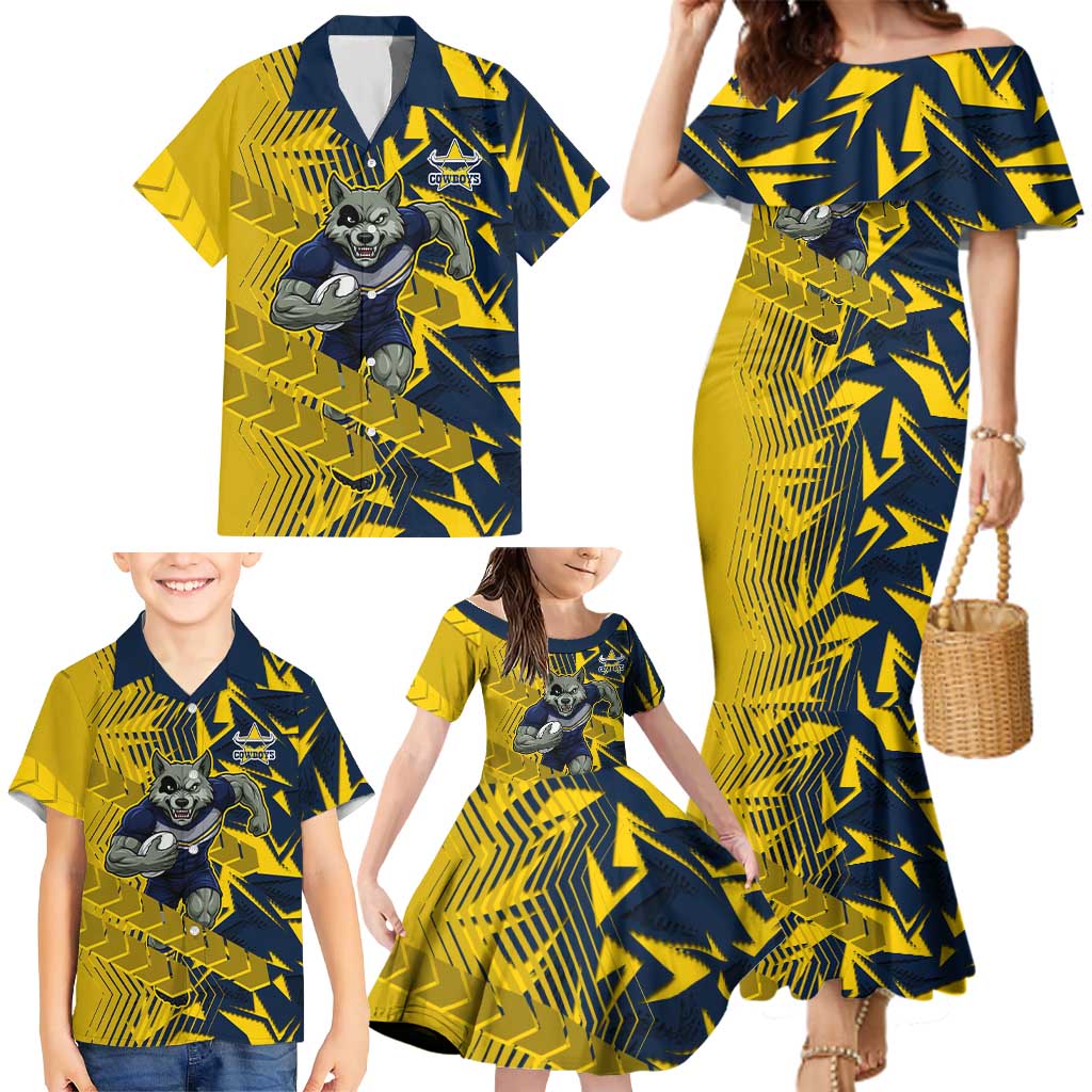 North Queensland Cowboys Rugby Family Matching Mermaid Dress and Hawaiian Shirt Fierce Mascot Geometric Tribal Art