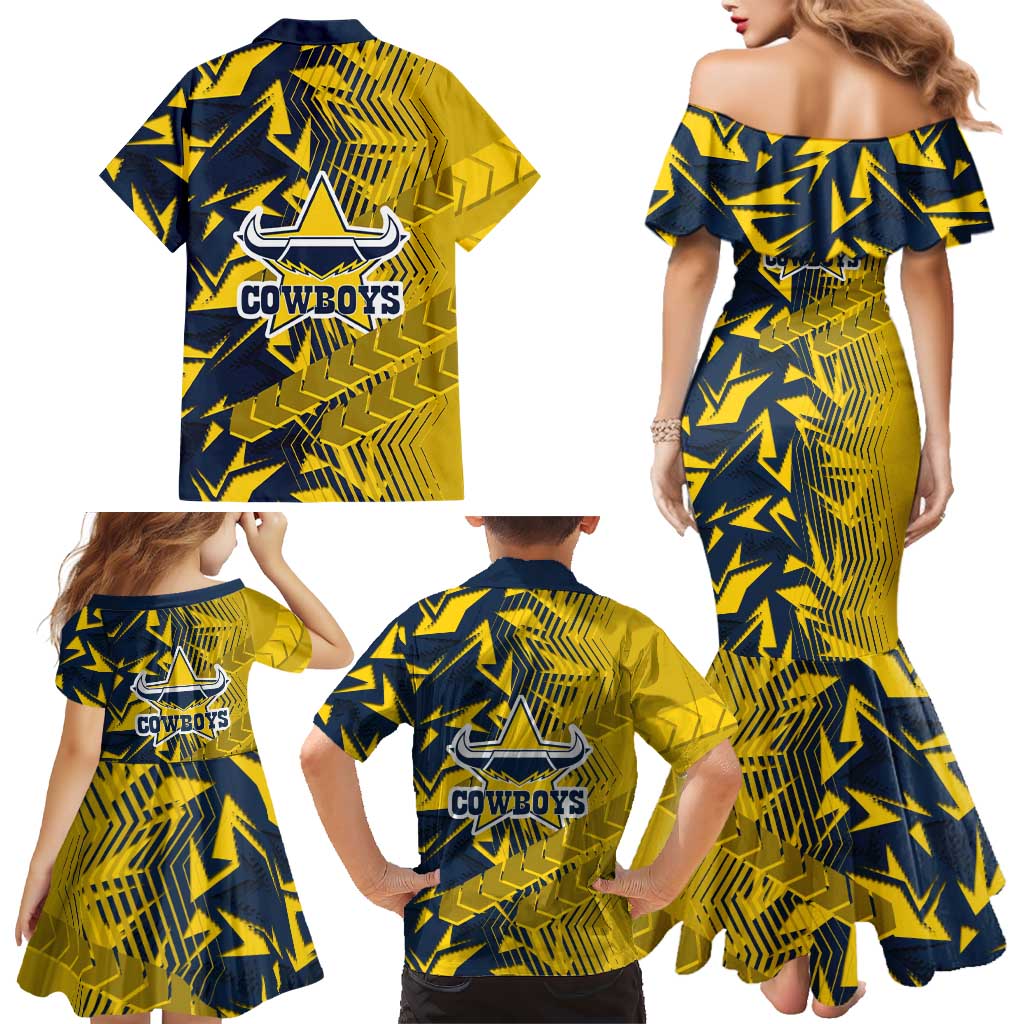 North Queensland Cowboys Rugby Family Matching Mermaid Dress and Hawaiian Shirt Fierce Mascot Geometric Tribal Art