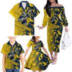 North Queensland Cowboys Rugby Family Matching Off The Shoulder Long Sleeve Dress and Hawaiian Shirt Fierce Mascot Geometric Tribal Art