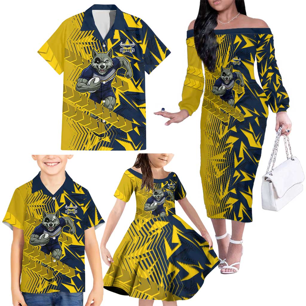 North Queensland Cowboys Rugby Family Matching Off The Shoulder Long Sleeve Dress and Hawaiian Shirt Fierce Mascot Geometric Tribal Art