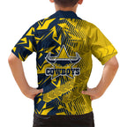North Queensland Cowboys Rugby Family Matching Off The Shoulder Long Sleeve Dress and Hawaiian Shirt Fierce Mascot Geometric Tribal Art