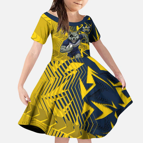 North Queensland Cowboys Rugby Family Matching Off The Shoulder Long Sleeve Dress and Hawaiian Shirt Fierce Mascot Geometric Tribal Art