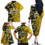 North Queensland Cowboys Rugby Family Matching Off The Shoulder Long Sleeve Dress and Hawaiian Shirt Fierce Mascot Geometric Tribal Art