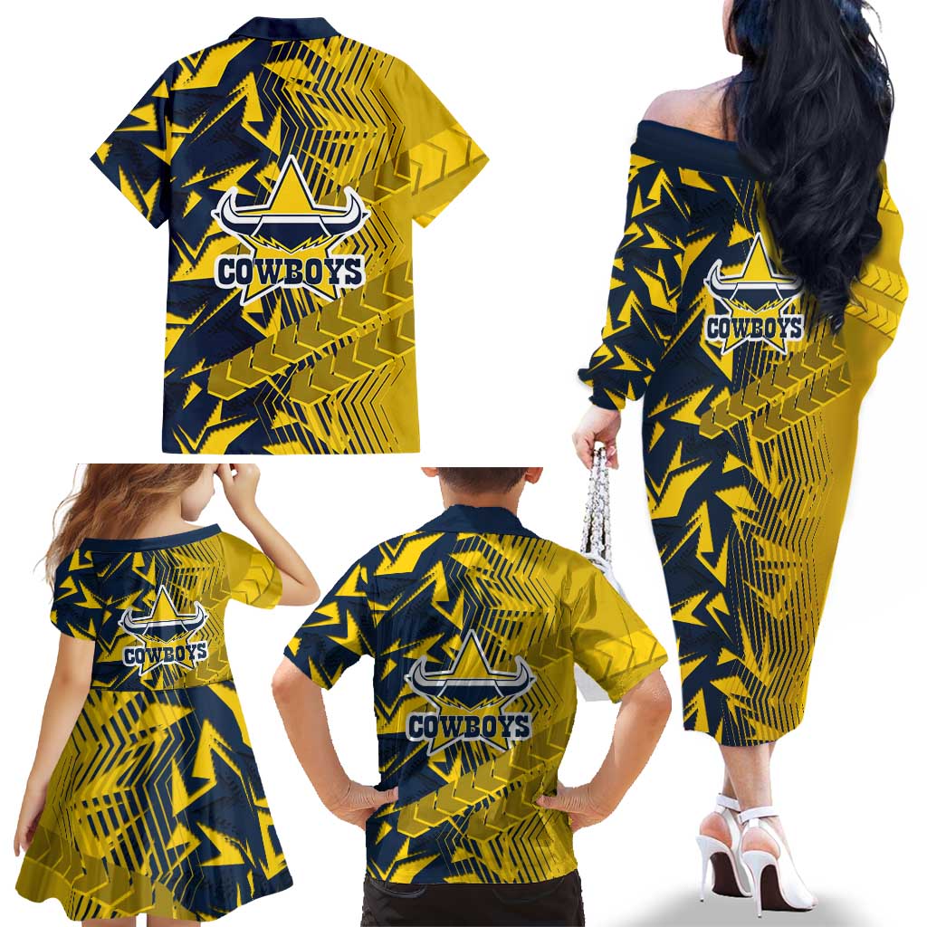 North Queensland Cowboys Rugby Family Matching Off The Shoulder Long Sleeve Dress and Hawaiian Shirt Fierce Mascot Geometric Tribal Art