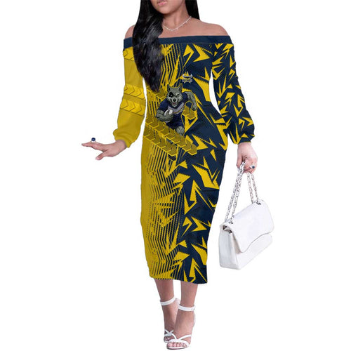 North Queensland Cowboys Rugby Family Matching Off The Shoulder Long Sleeve Dress and Hawaiian Shirt Fierce Mascot Geometric Tribal Art
