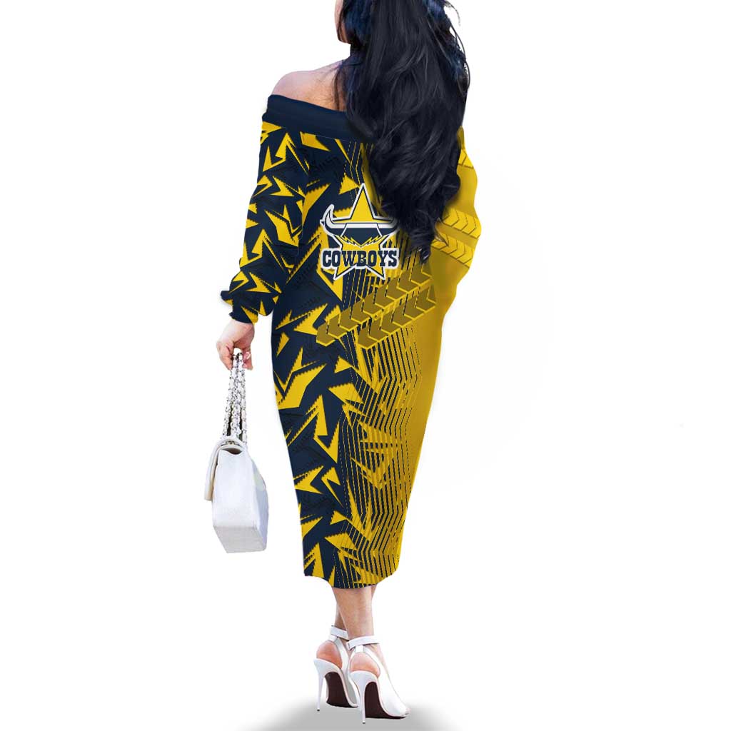 North Queensland Cowboys Rugby Family Matching Off The Shoulder Long Sleeve Dress and Hawaiian Shirt Fierce Mascot Geometric Tribal Art