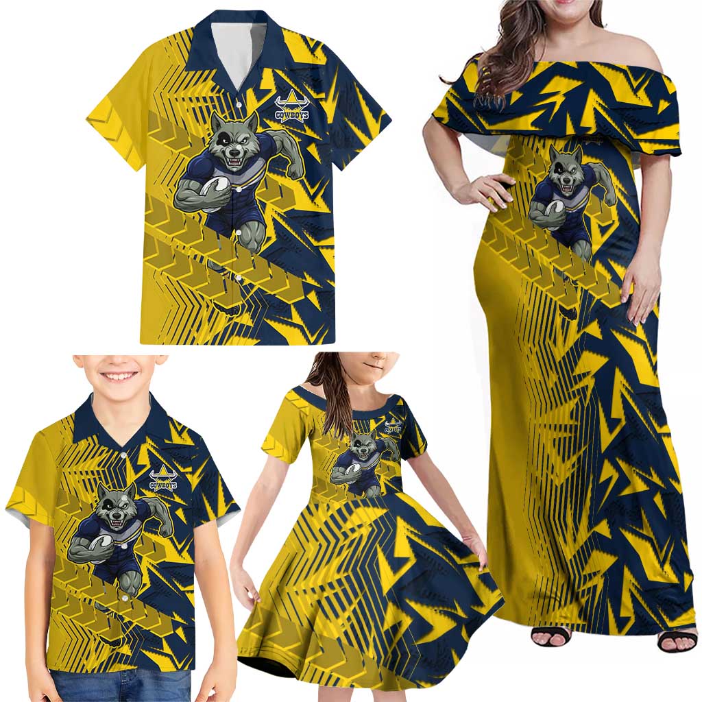 North Queensland Cowboys Rugby Family Matching Off Shoulder Maxi Dress and Hawaiian Shirt Fierce Mascot Geometric Tribal Art