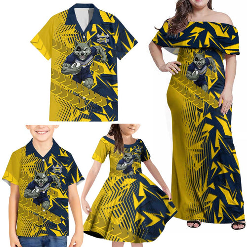 North Queensland Cowboys Rugby Family Matching Off Shoulder Maxi Dress and Hawaiian Shirt Fierce Mascot Geometric Tribal Art