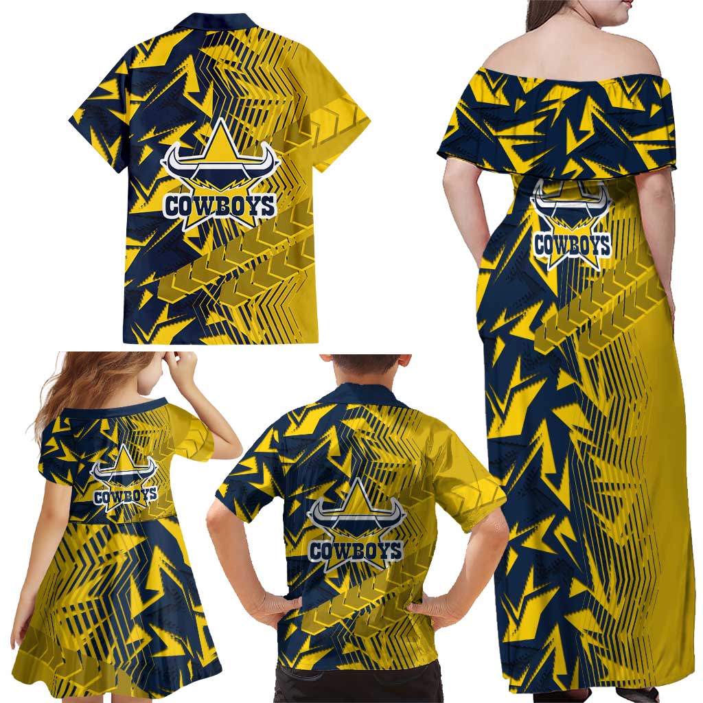 North Queensland Cowboys Rugby Family Matching Off Shoulder Maxi Dress and Hawaiian Shirt Fierce Mascot Geometric Tribal Art