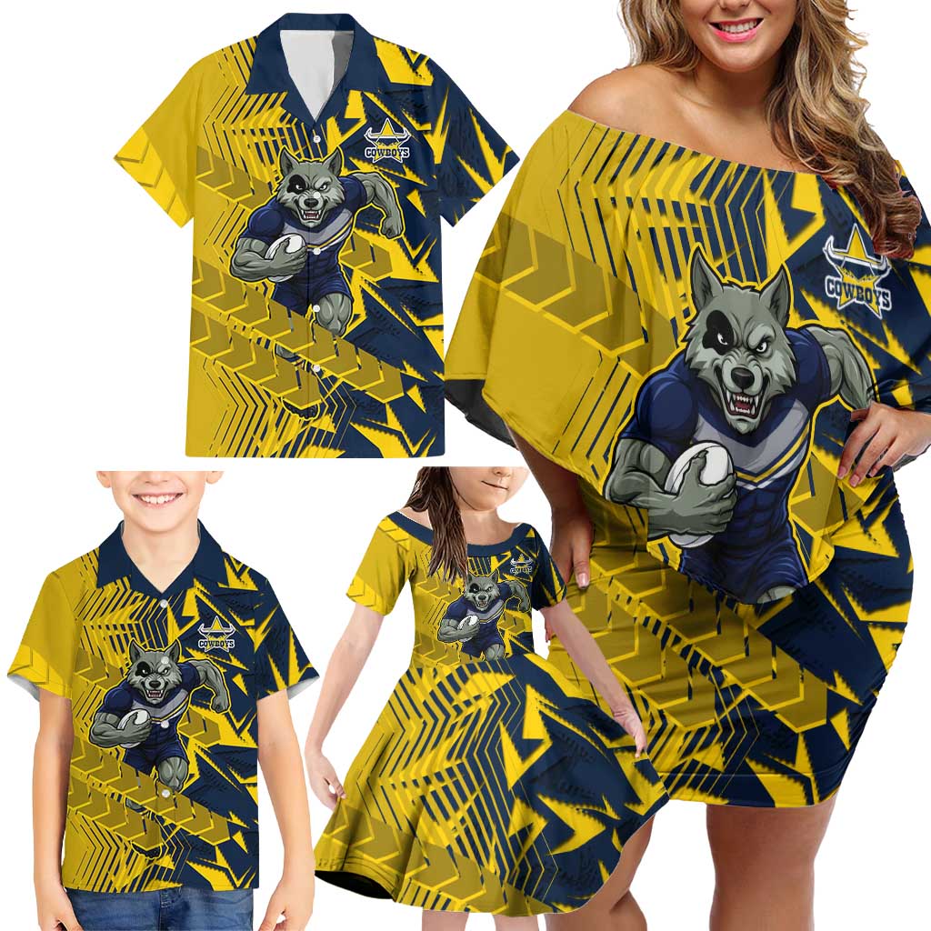 North Queensland Cowboys Rugby Family Matching Off Shoulder Short Dress and Hawaiian Shirt Fierce Mascot Geometric Tribal Art