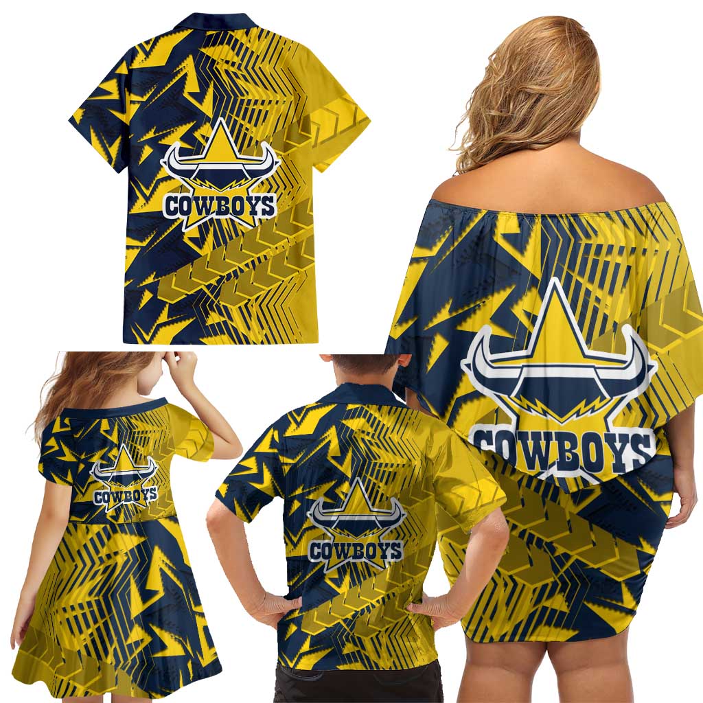 North Queensland Cowboys Rugby Family Matching Off Shoulder Short Dress and Hawaiian Shirt Fierce Mascot Geometric Tribal Art