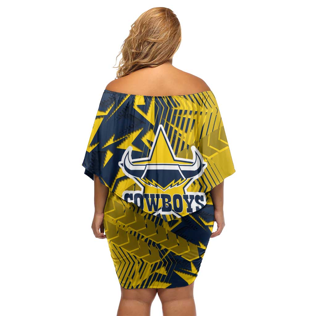 North Queensland Cowboys Rugby Family Matching Off Shoulder Short Dress and Hawaiian Shirt Fierce Mascot Geometric Tribal Art