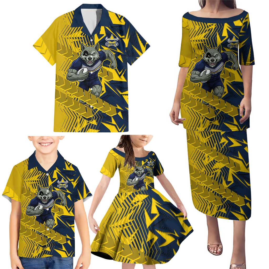 North Queensland Cowboys Rugby Family Matching Puletasi and Hawaiian Shirt Fierce Mascot Geometric Tribal Art