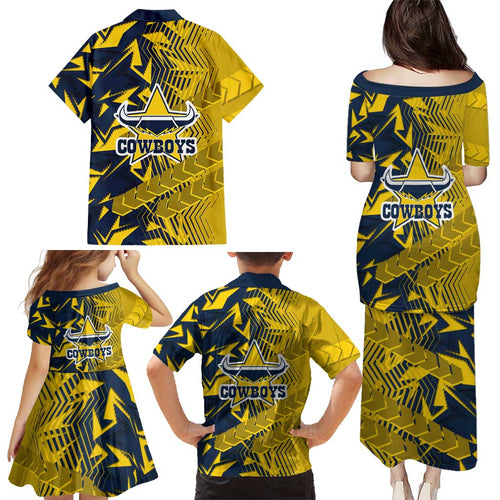 North Queensland Cowboys Rugby Family Matching Puletasi and Hawaiian Shirt Fierce Mascot Geometric Tribal Art