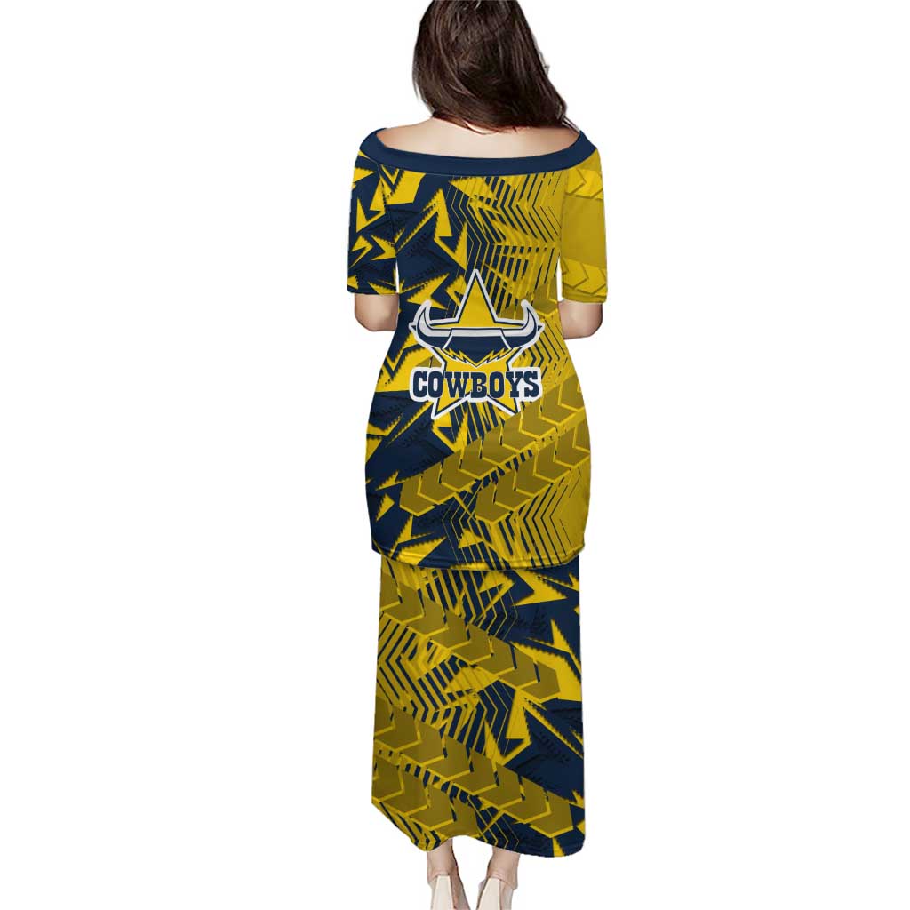 North Queensland Cowboys Rugby Family Matching Puletasi and Hawaiian Shirt Fierce Mascot Geometric Tribal Art