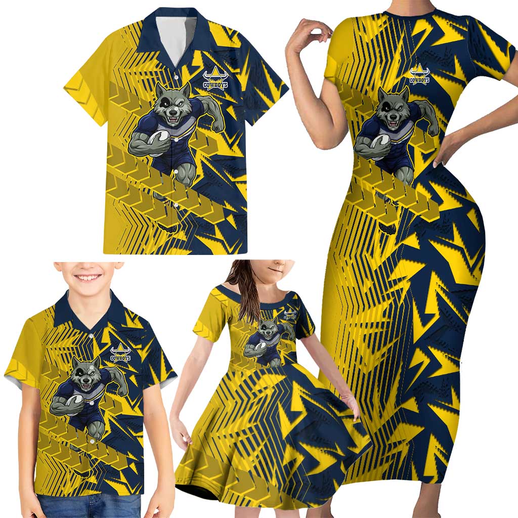 North Queensland Cowboys Rugby Family Matching Short Sleeve Bodycon Dress and Hawaiian Shirt Fierce Mascot Geometric Tribal Art