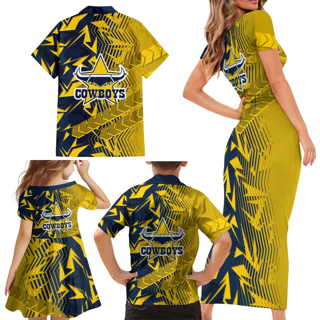 North Queensland Cowboys Rugby Family Matching Short Sleeve Bodycon Dress and Hawaiian Shirt Fierce Mascot Geometric Tribal Art