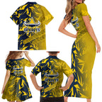 North Queensland Cowboys Rugby Family Matching Short Sleeve Bodycon Dress and Hawaiian Shirt Fierce Mascot Geometric Tribal Art