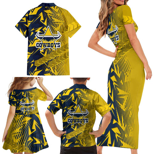 North Queensland Cowboys Rugby Family Matching Short Sleeve Bodycon Dress and Hawaiian Shirt Fierce Mascot Geometric Tribal Art