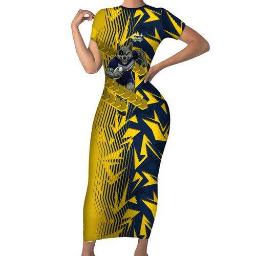 North Queensland Cowboys Rugby Family Matching Short Sleeve Bodycon Dress and Hawaiian Shirt Fierce Mascot Geometric Tribal Art