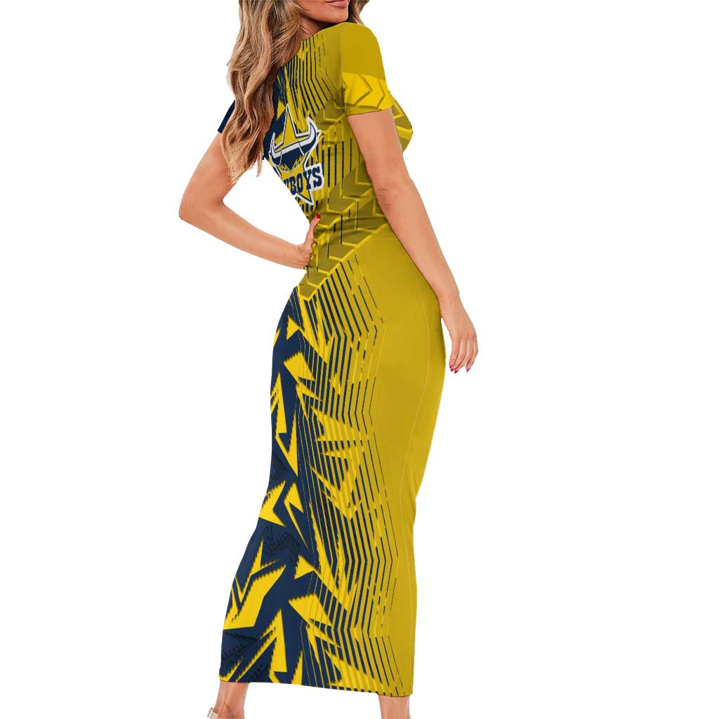 North Queensland Cowboys Rugby Family Matching Short Sleeve Bodycon Dress and Hawaiian Shirt Fierce Mascot Geometric Tribal Art