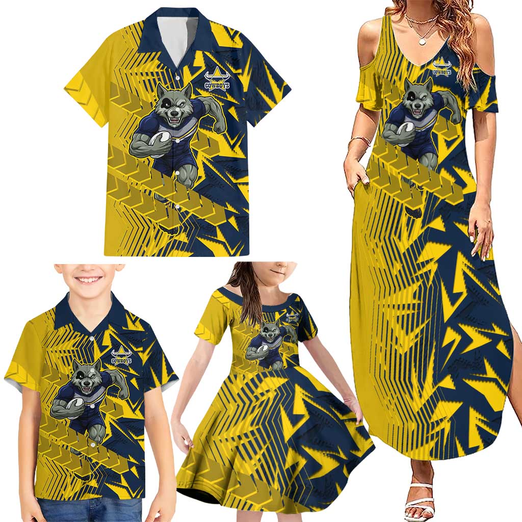 North Queensland Cowboys Rugby Family Matching Summer Maxi Dress and Hawaiian Shirt Fierce Mascot Geometric Tribal Art
