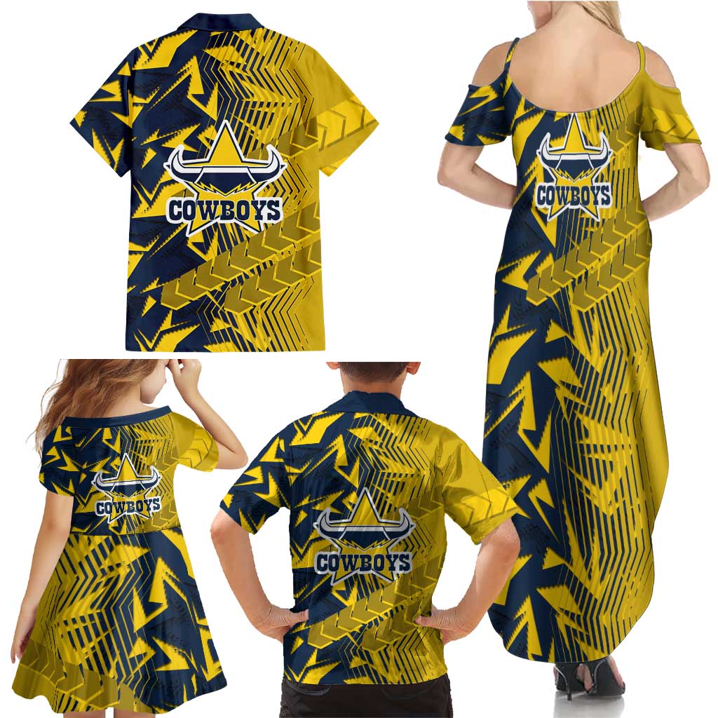 North Queensland Cowboys Rugby Family Matching Summer Maxi Dress and Hawaiian Shirt Fierce Mascot Geometric Tribal Art