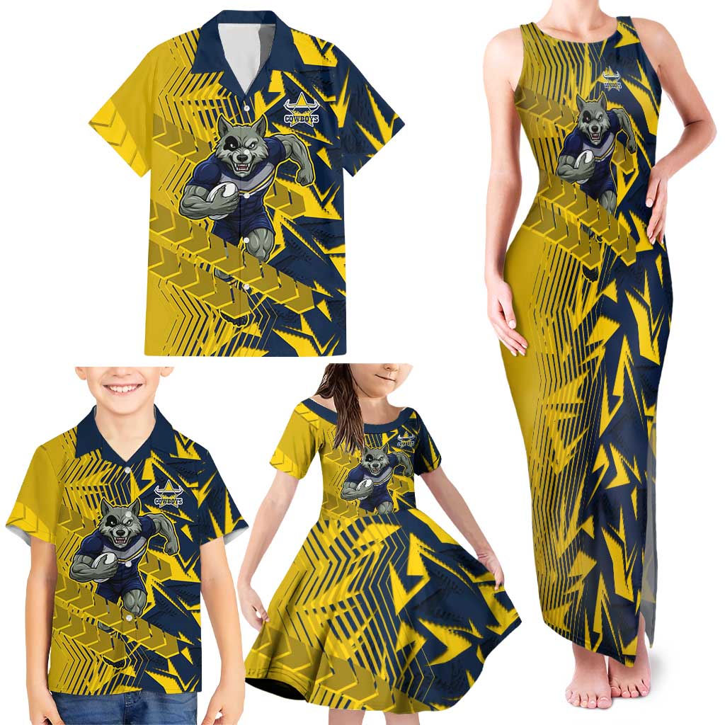 North Queensland Cowboys Rugby Family Matching Tank Maxi Dress and Hawaiian Shirt Fierce Mascot Geometric Tribal Art