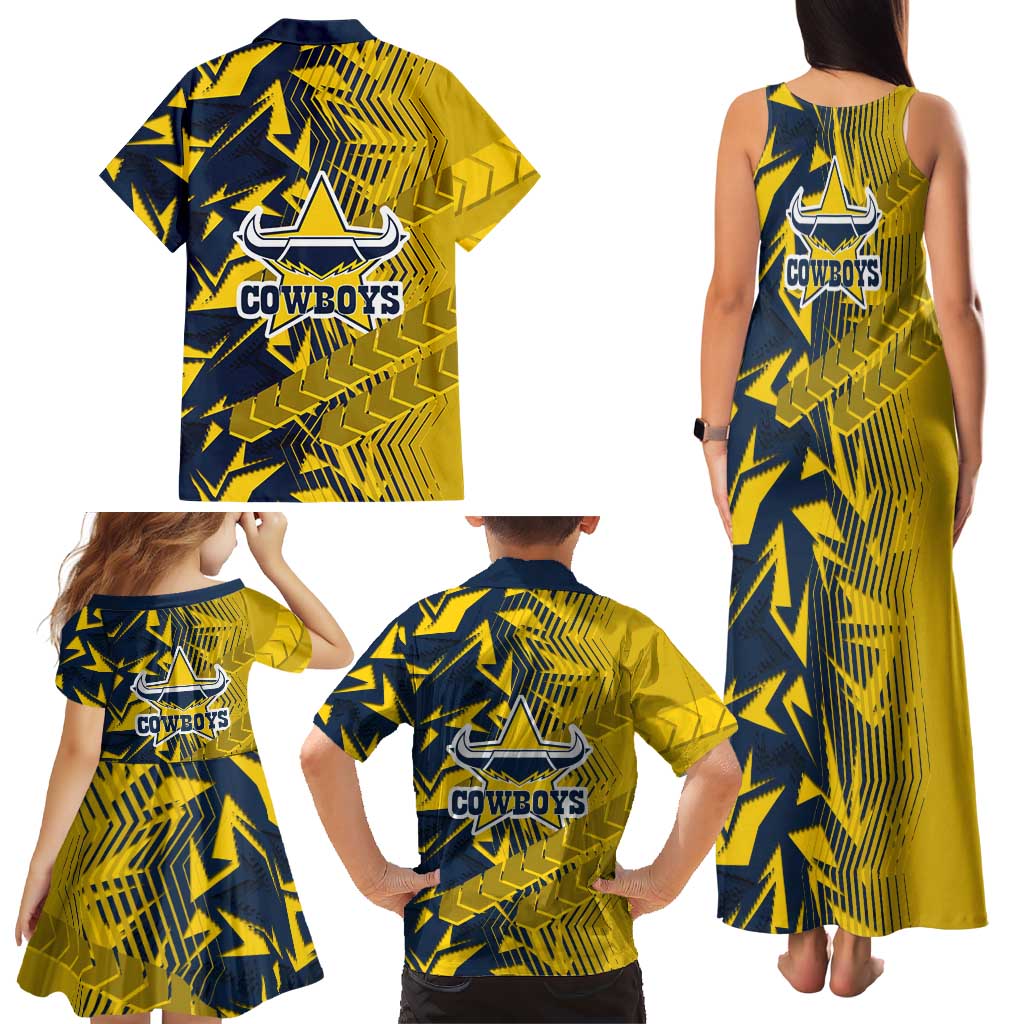 North Queensland Cowboys Rugby Family Matching Tank Maxi Dress and Hawaiian Shirt Fierce Mascot Geometric Tribal Art