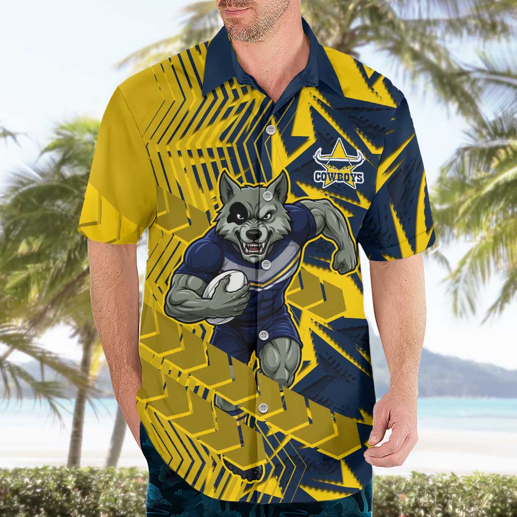 North Queensland Cowboys Rugby Hawaiian Shirt Fierce Mascot Geometric Tribal Art