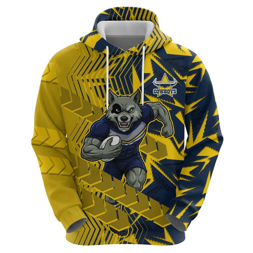 North Queensland Cowboys Rugby Hoodie Fierce Mascot Geometric Tribal Art